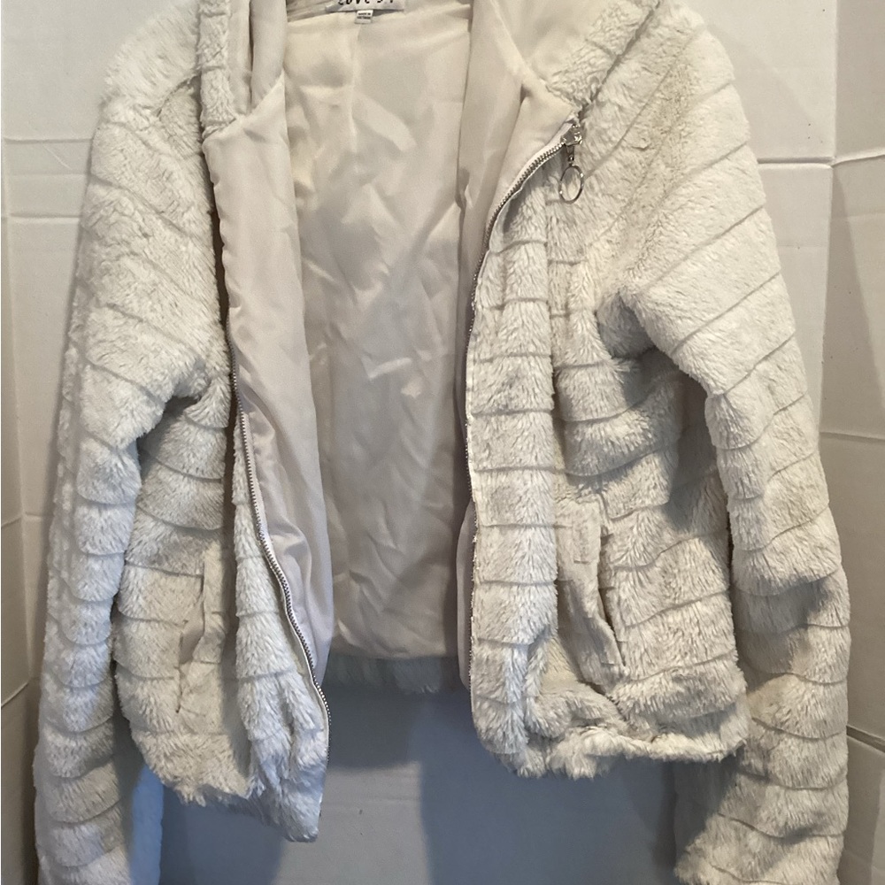 Ladies Love J Cream Teddy Jacket Zip up with Hoodie size Medium